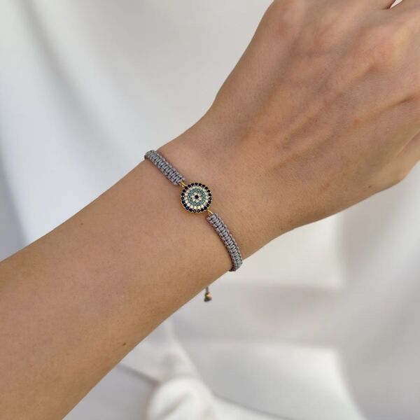 Kararmaz Garantili Nazar Boncuklu Şans Bilekliği Gri İpli