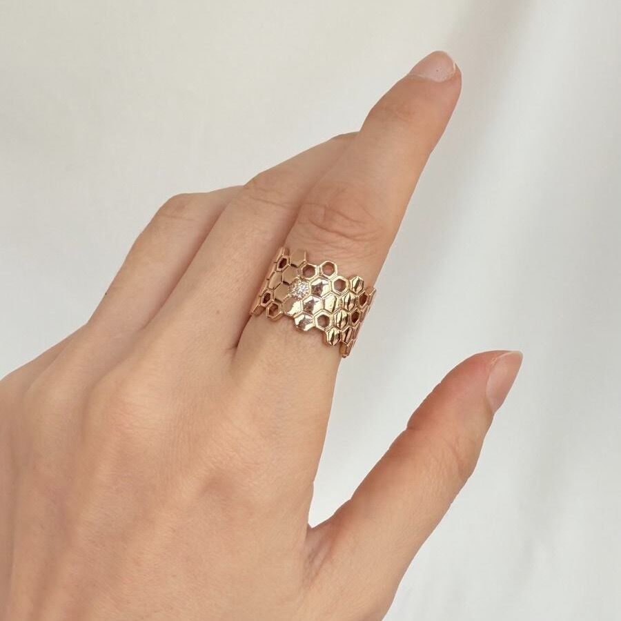 Rose Renk Ayarlana Bilir Petek Yüzük Zirkon Taş Detaylı