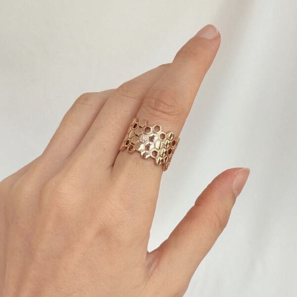 Rose Renk Ayarlana Bilir Petek Yüzük Zirkon Taş Detaylı